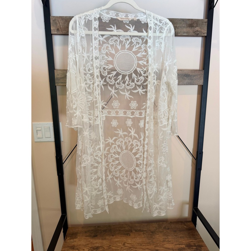 Soft Surroundings White Embroidered Lace Kimono Duster Vintage Style Mesh Medium